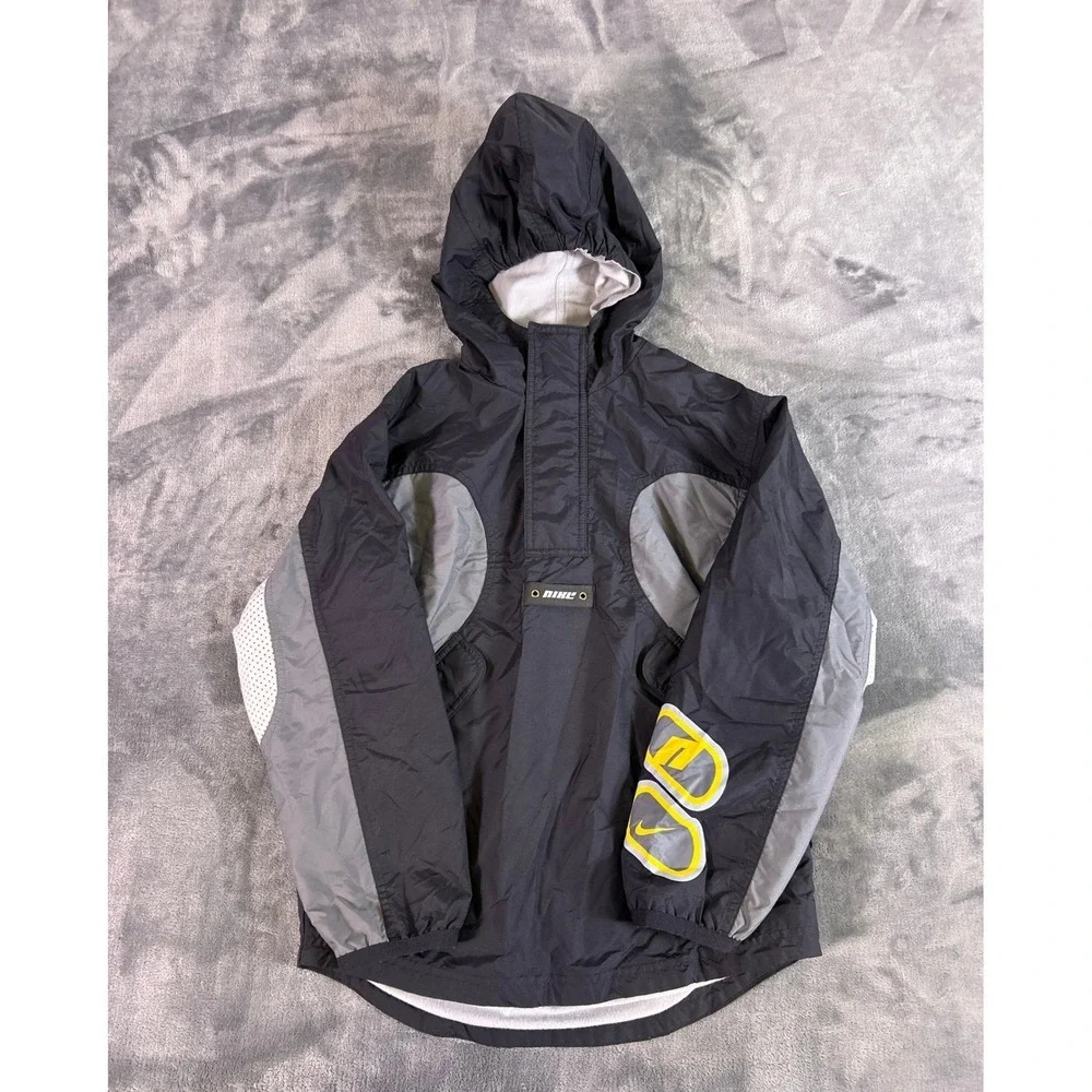 Y2K Nike Windbreaker Anorak‎ Jacket Black Gray Yellow Pullover Hooded Youth M
